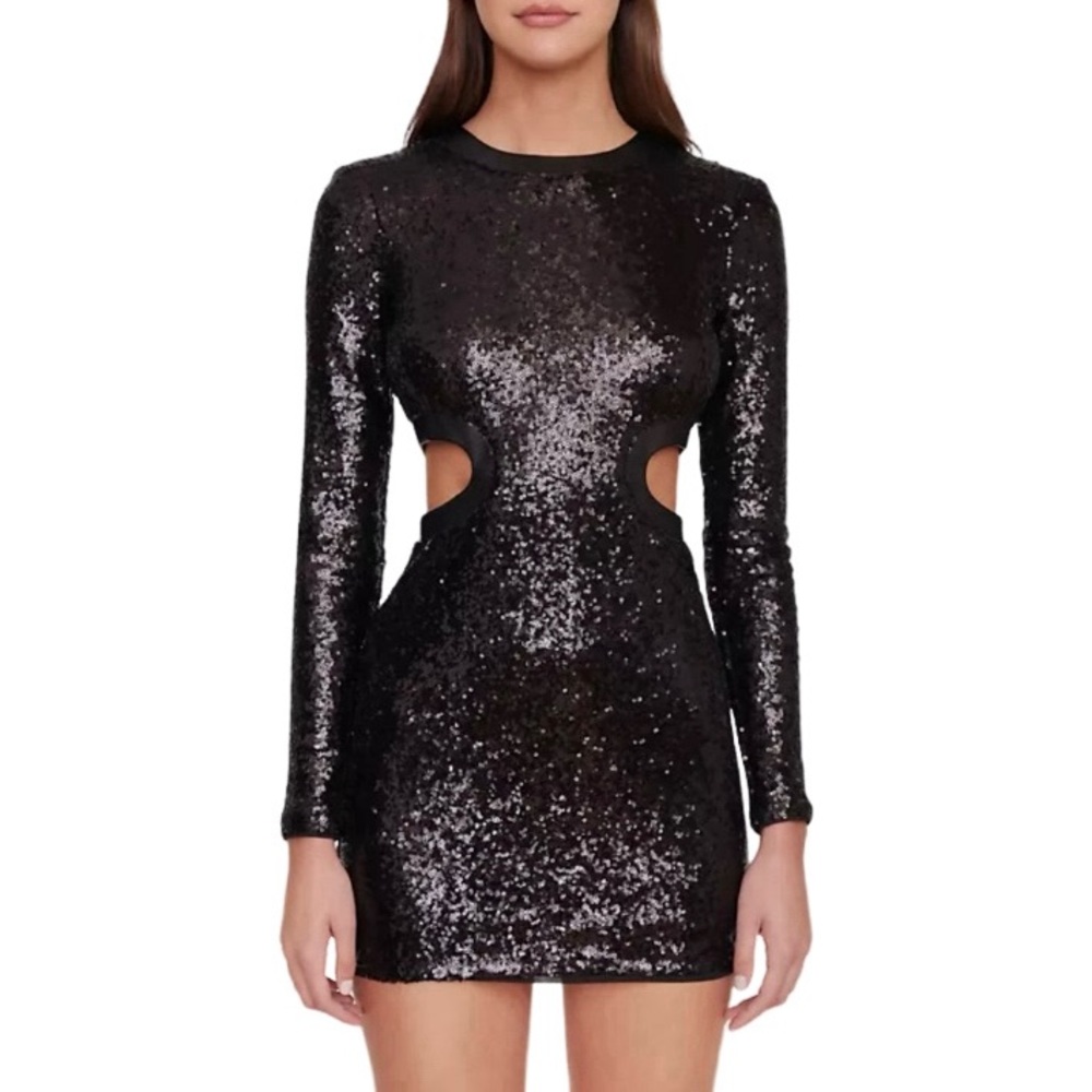 NWT Staud Black Sequin & Vegan Leather Cut Out Mini Dress - Sz XL